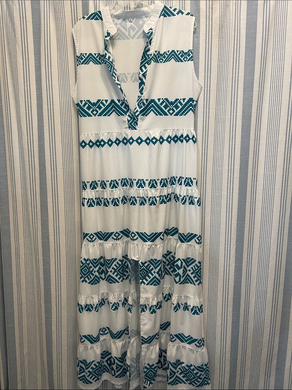 Sleeveless White Maxi Dress with Teal Geometric Print  (NWOT)